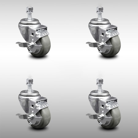 Service Caster 3 Inch SS Gray Polyurethane Wheel Swivel 12mm Threaded Stem Caster Set Brake SCC-SSTS20S314-PPUB-TLB-M1215-4